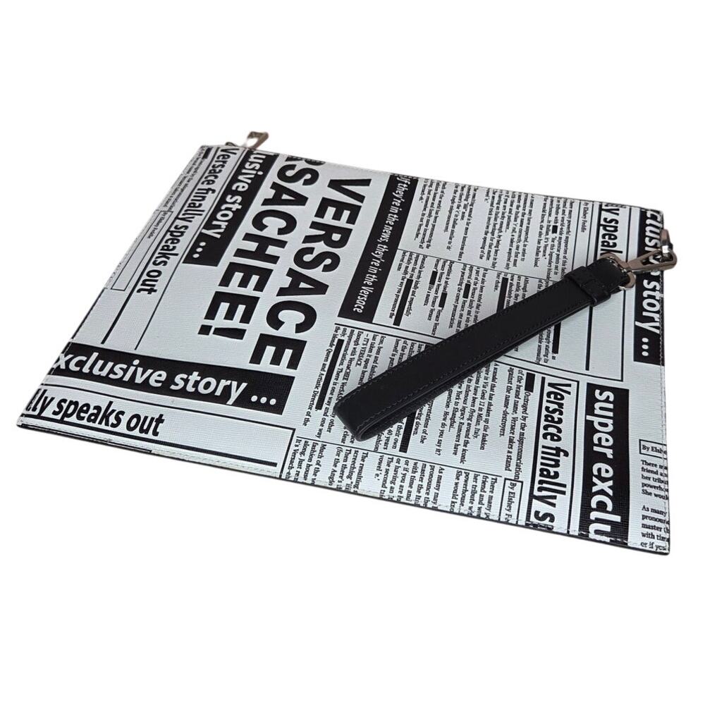 Versace Tabloid Print Saffiano Leather Wristlet Pouch Clutch - Picture 3 of 7